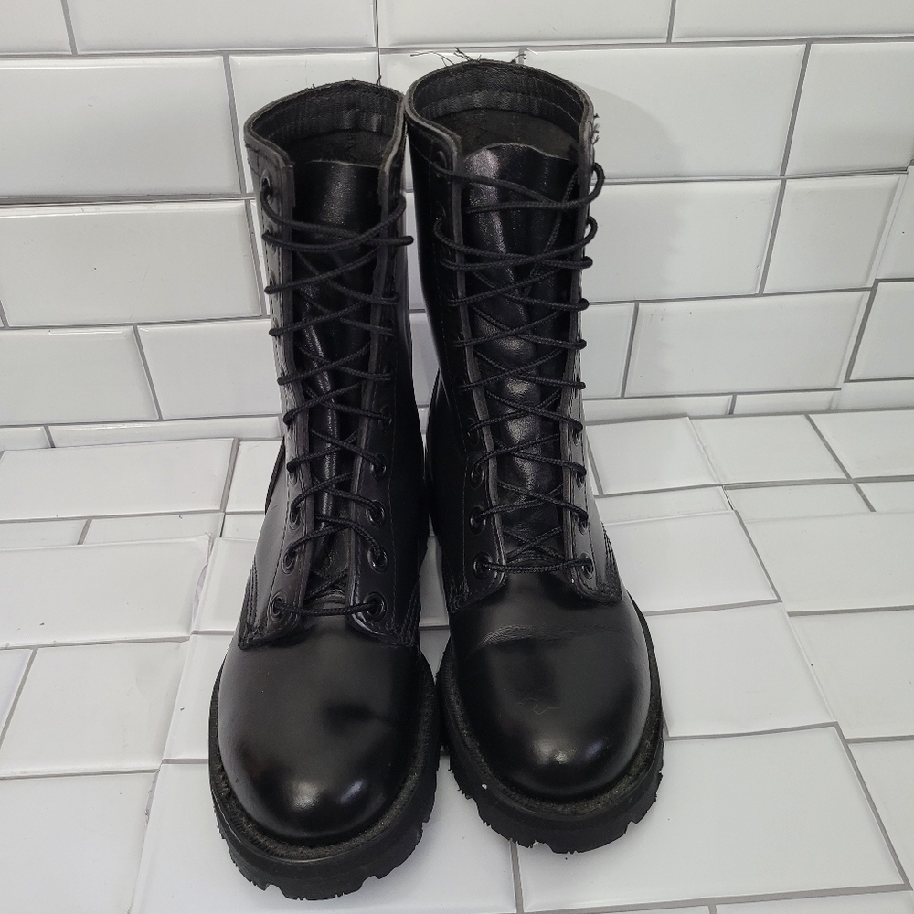 Ladies Black Leather Lace Up Combat Boot Mira-Lug Sole Sturdy Steel ToeSize 5.